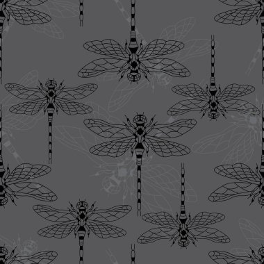 Siyah ve gri yusufçuk siluetleri olan kusursuz bir desen. Tasarım duvar kağıtları, tekstil, yatak, tişört baskısı, giysi, ürün ambalajı için uygundur. Vektör izole illüstrasyonu