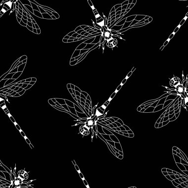 Siyah arka planda beyaz yusufçuk siluetleri olan kusursuz bir desen. Tasarım duvar kağıtları, tekstil, yatak, tişört baskısı, giysi, ürün ambalajı için uygundur. Vektör izole edildi