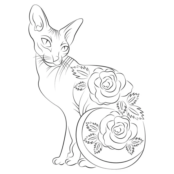 背に花をつけたスフィンクス猫のシルエット ミニマリズムスタイル マスコット バッジ スクラップブック タトゥー バナー お土産 Tシャツプリント エキゾチックな動物のシンボルに適したデザイン — ストックベクタ