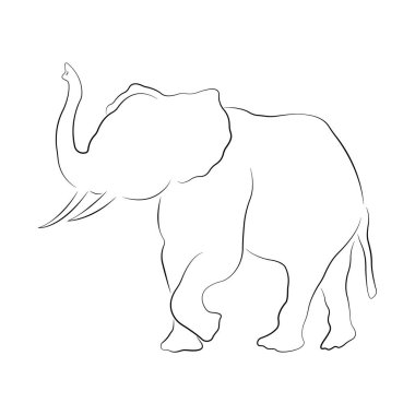 Minimalizm tarzında hortumu kalkmış bir fil silueti. Tasarım dekoru, logosu, dövmeleri, tişört ve giysilerin üzerindeki baskılar, hatıra defterleri, semboller için uygun. İzole vektör