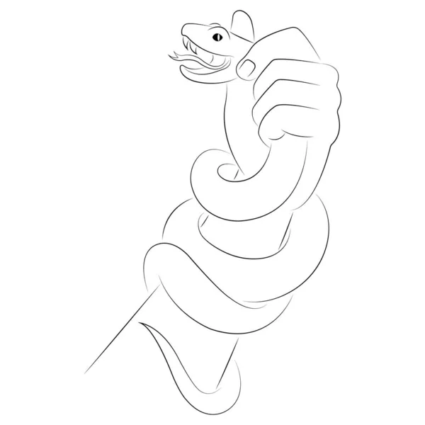Ένα Ανθρώπινο Χέρι Κρατά Ένα Φίδι Ανοιχτό Στόμα Στυλ Μινιμαλισμού — Διανυσματικό Αρχείο