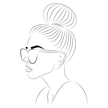 Güzel saç stili olan gözlüklü bir kızın silueti. Tasarım güzellik salonu, seyahat acentesi, gözlükçü, görüş kliniği, gözlük reklamı, dövme için uygun. İzole vektör