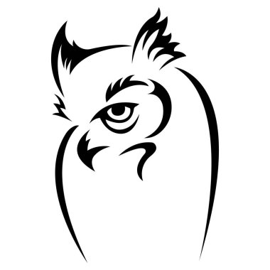 Beyaz zemin üzerine siyah çizilmiş bir baykuş silueti. Tasarım, logo, kuş dövmesi, maskot, amblem, sığınak, anahtarlık, kıyafet baskısı için uygundur. Vektör izole illüstrasyonu