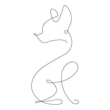 Safkan bir köpeğin silueti minimalist bir tarzda sürekli bir çizgi çiziyor. Dövmeler, evcil hayvan dükkanları, logolar, hatıralar, rozetler, çıkartmalar, tişört baskısı için uygun bir tasarım. İzole vektör