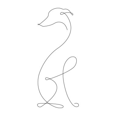 Çoban köpeği minimalist bir tarzda sürekli bir çizgi çiziyor. Dövmeler, evcil hayvan dükkanları, logolar, hatıralar, rozetler, pankartlar ve tişört baskısı için uygun bir tasarım. İzole vektör illüstrasyonu