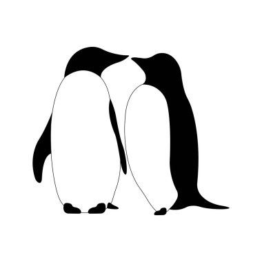 Aşık penguenler burunlarını sürterler. Dekor için uygun tasarım, kart, logo, tişört izi, dövme, şirket amblemi. Vektör izole illüstrasyonu