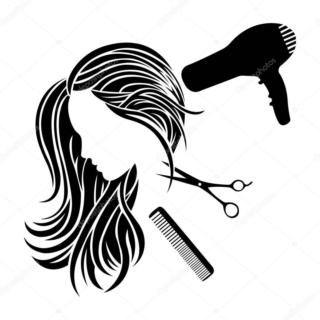 Silhouette of a girl with hair dryer scissors and comb. Design suitable for tool store logo, haircut salon, hair salon, decor, tattoo, salon, beauty salon, t-shirt printing. Isolated vector