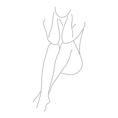 Silhouette of a girl sitting in an elegant pose and hiding her nakedness. Minimalist style. Design for beauty salon, depilation, decor, tattoo, symbol of femininity, T-shirt printing. Isolated vector