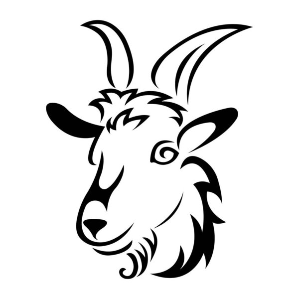 The muzzle of a goat is drawn in black with different lines in a flat style. Design suitable for animal logos, tattoos, decor, zoos, pet stores, badges, t-shirt printing. Isolated vector