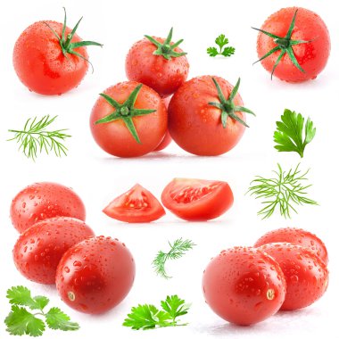 Collection of tomatoes and green leaves clipart