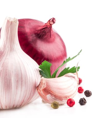 Garlic and onion with peppercorn and parsley clipart