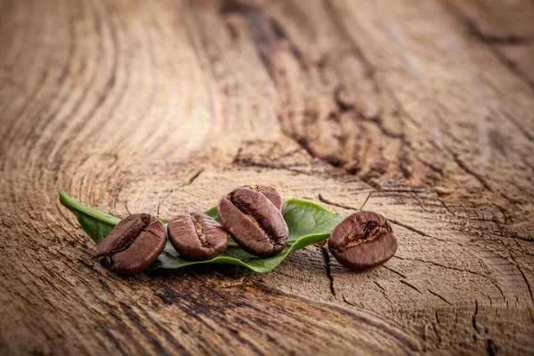 Granos de café y hoja verde —  Fotos de Stock