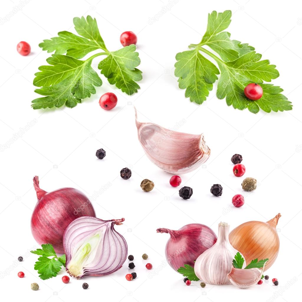 Collections of Garlic and onion with peppercorn and parsley