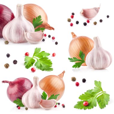 Collections of Garlic and onion with peppercorn and parsley clipart