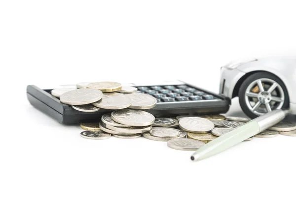 Coins, Calculator, pen and car — Stock Photo, Image