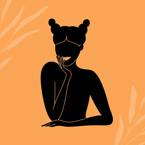 Абстрактный Плакат Улыбающейся Черной Женщины Рогом Волос Флиртующая Женщина Рукой — стоковый вектор