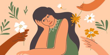 Mutsuz güzel kadın ona sunulan çiçeğe bakar. Erkekler hediye olarak çiçek verir. İlgi göstergesi, üzgün bir kadına kur yapma. Talipler üzgün kızı neşelendirmeye çalışır. Duyarsızlık, melankolik vektör çizimi