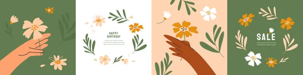 Σύνολο Αφηρημένων Floral Προτύπων Ποικιλομορφία Ανθρώπινα Χέρια Κρατώντας Λουλούδι Γιορτή — Διανυσματικό Αρχείο