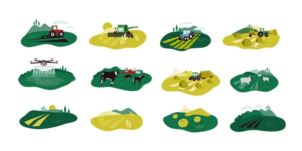 Agriculture Illustrations Isolées Icônes Tracteur Animaux Ferme Moissonneuse Batteuse Drone — Image vectorielle