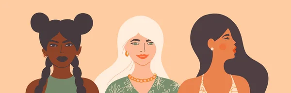 Три Красивые Женщины Разных Национальностей Культур Концепция Разнообразия Красоты Плакат — стоковый вектор
