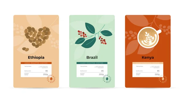 专业咖啡包装设计理念 标签设置为包装 咖啡馆 心形咖啡豆 带有浆果的树枝 卡布奇诺杯的病媒图解 — 图库矢量图片