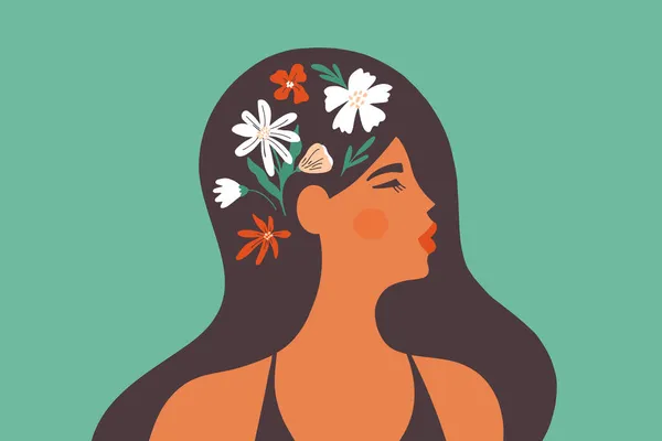 女性の精神衛生 花の脳 正の心 頭の中に花を持つ美しい女性 心理療法 セルフケア愛幸福 ロングヘアガール抽象ベクトルイラスト 女性の日のアートカード — ストックベクタ
