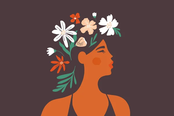 花の髪の若い美しい女性 女性の精神衛生 脳の開花 肯定的な心 頭花の花輪を持つ女の子 自然の美しさ セルフケア愛幸福 女性の日のアートベクトルイラスト — ストックベクタ