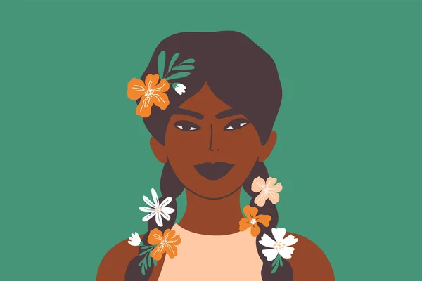 Young Dark Skin Woman Flower Braids Stylish Girl Long Black — Stock Vector