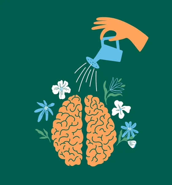 精神保健 心理治疗 健康的头脑 心理帮助 自我照顾 人类的手在大脑中浇花 头上的花园盛开 摘要病媒说明 图库插图