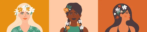 Diversity Beautiful Women Young Woman Flower Wreath Hair Head Floral — Stock Vector