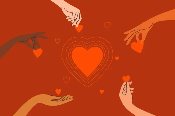Μοιραζόμαστε Αγάπη Φιλανθρωπία Δωρεά Εθελοντική Εργασία Ποικιλία Ανθρώπινα Χέρια Κατέχουν — Διανυσματικό Αρχείο