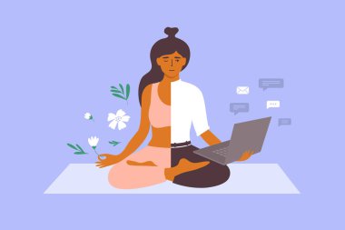 Yaşam dengesi konsepti üzerinde çalış. Yoga minderi üzerinde meditasyon yapan iş kadını elinde dizüstü bilgisayar ve çiçek tutuyor. Kadın karakter sağlık rahatlığı ve kariyer arasında seçim yapıyor. Ofisin dinlenme illüstrasyonuna karşı bölünmesi
