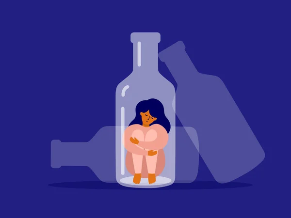 Concetto Alcolismo Femminile Donna Infelice Seduta Fondo Bottiglia Abbracciandosi Ginocchia — Vettoriale Stock