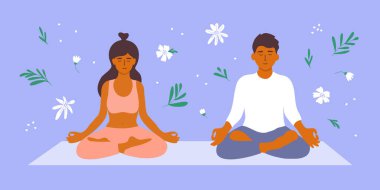 Erkek ve kadın, yoga minderinde lotus pozunda meditasyon yapıyorlar. Zen, meditasyon, rahatla. Kişisel bakım, aşk vücudu, farkındalık, sağlık. Çiçek ve yaprakların arasında birkaç kişi. Uyum vektörü illüstrasyonu