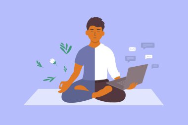 Yaşam dengesi konsepti üzerinde çalış. Yoga pozisyonunda meditasyon yapan bir iş adamı dizüstü bilgisayarı elinde tutuyor. Erkek karakterin yarısı sağlıklı bir rahatlama, rahatlama ve diğer bir kariyer seçiyor. Ofisin ev illüstrasyonuna karşı bölünmesi