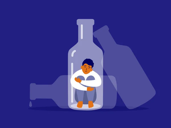 Alkolizm konsepti. Şişenin dibinde oturan mutsuz adam dizlerine sarılıyor. Üzgün sarhoş erkek, bitkin alkolik adam. Sosyal mesele, taciz, bağımlılık. Boş alkol şişesi vektör illüstrasyonu