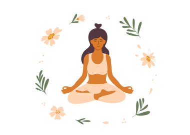 Genç bayan lotus poz vererek meditasyon yapıyor. Farkındalık meditasyon ya da uygulama, iç uyum, denge zihin, beden, ruh. Çiçeklerin ve yaprakların arasındaki kadın. Kişisel bakım, zen yoga, vektör illüstrasyonunu rahatlat