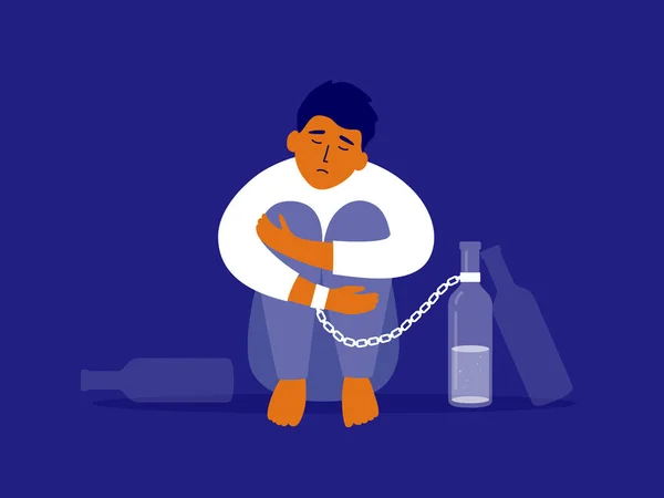 Erkek Alkolizmi Konsepti Alkole Zincirlenmiş Sarhoş Içki Şişesine Zincirlenmiş Dizlerinin — Stok Vektör