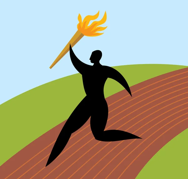 Silueta hombre corre con la antorcha — Vector de stock