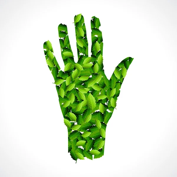 Mano verde con hojas verdes — Vector de stock