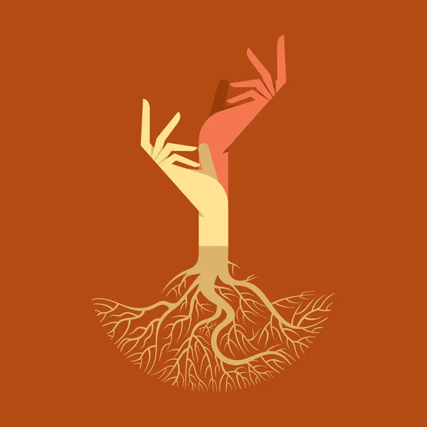 Manos con raíces de árbol — Vector de stock