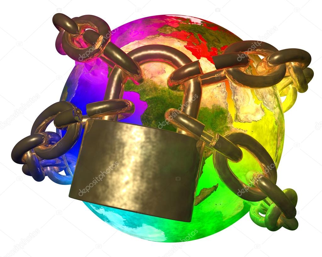 Rainbow Earth breaking golden chain - transformation of world