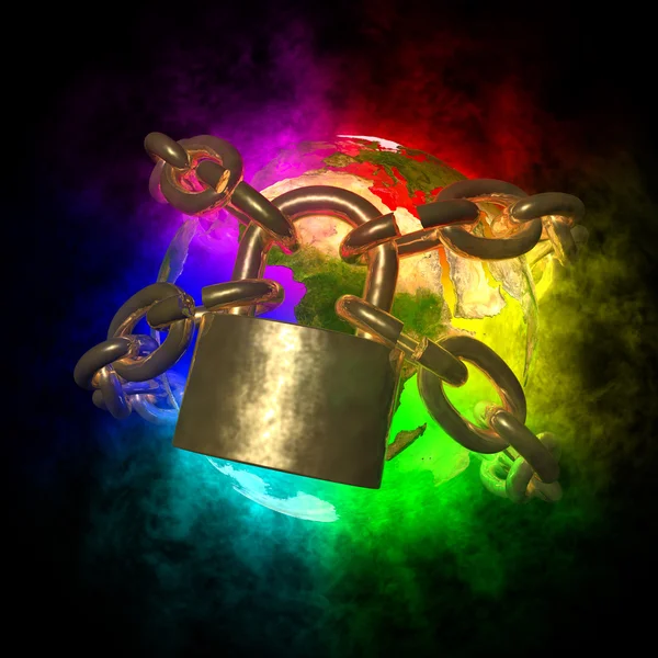 Rainbow Earth wirh aura breaking golden chain — Stock Photo, Image