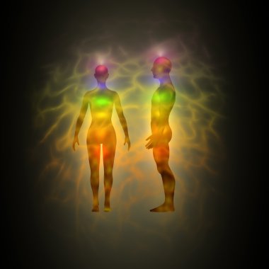 Human energy body silhouette with aura and chakras clipart