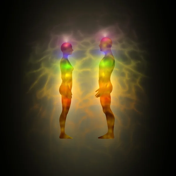 Silhueta do corpo de energia humana com aura e chakras — Fotografia de Stock