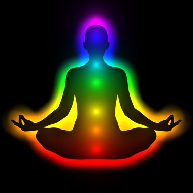 Silhouette of woman in meditation with aura and chakras clipart