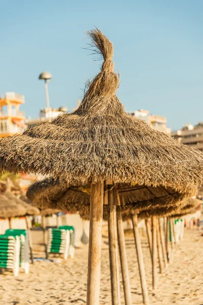 Stroh Sonnenschirme in Reihe mallorca Spanien — Stockfoto