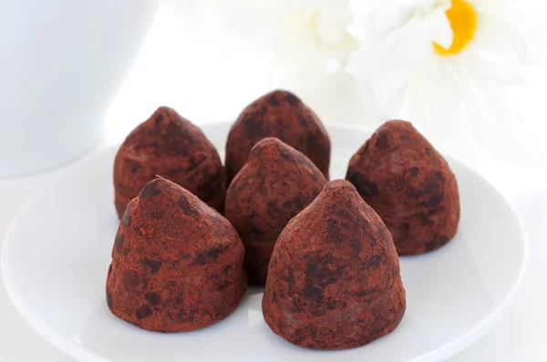 Chocolade truffels op een witte plaat met bloem — Stockfoto