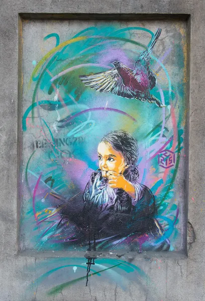 C215 街头绘画在奥斯陆的女孩和鸟 — 图库照片