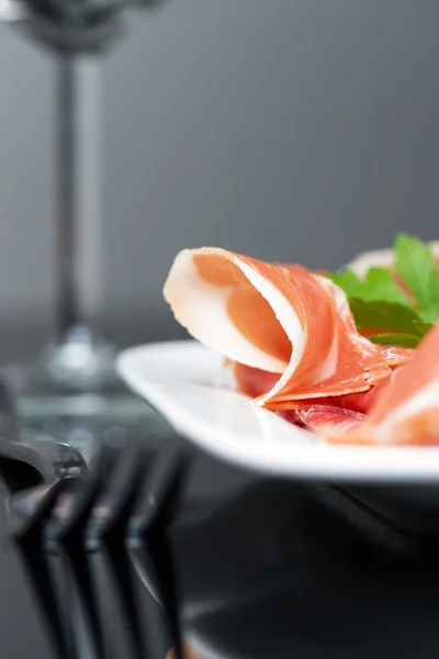 Jamon on plate set — Stock Photo, Image